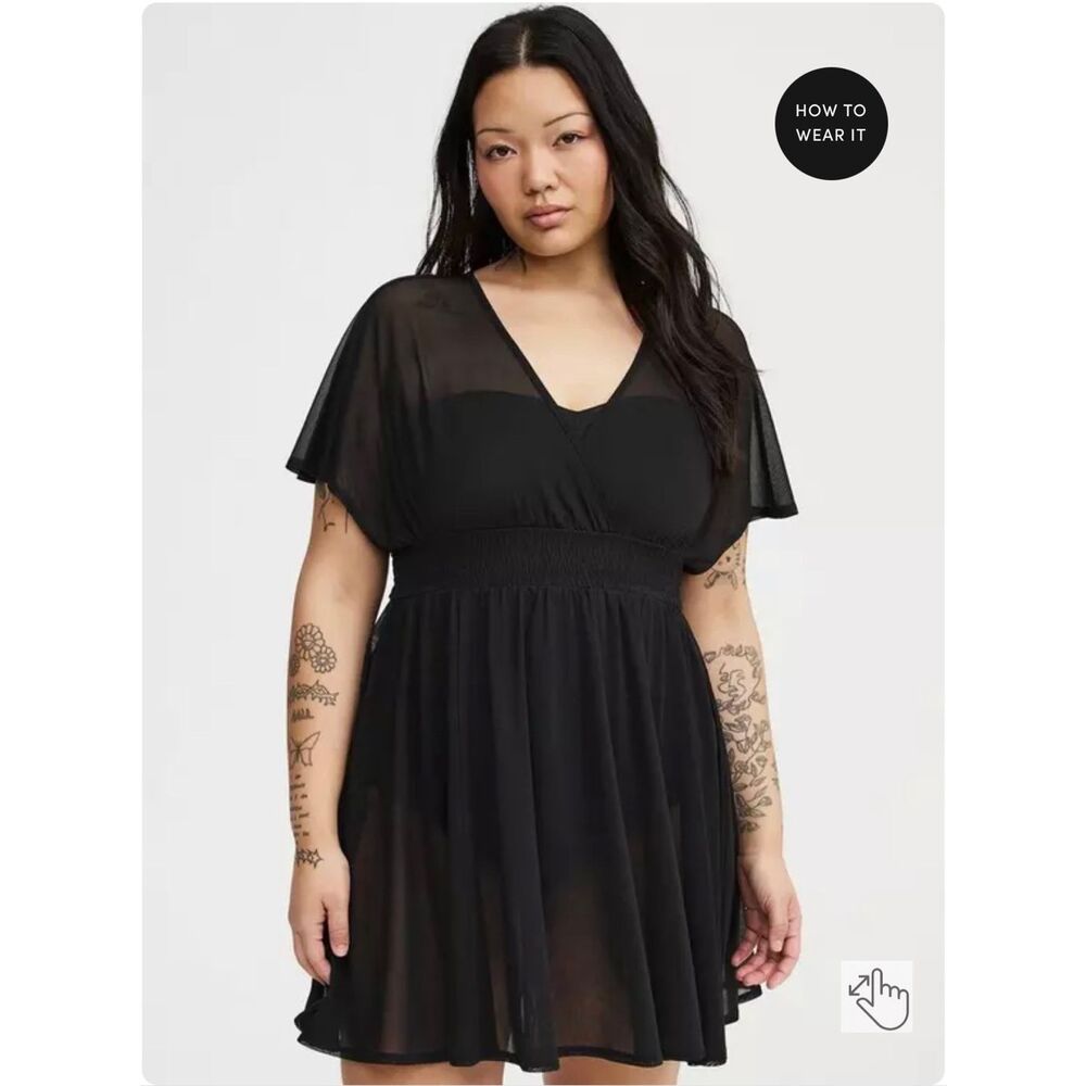 Torrid Deep Black Chiffon Smocked Waist Sheer Surplice Cover-Up Dress Size 1X - Picture 2 of 12